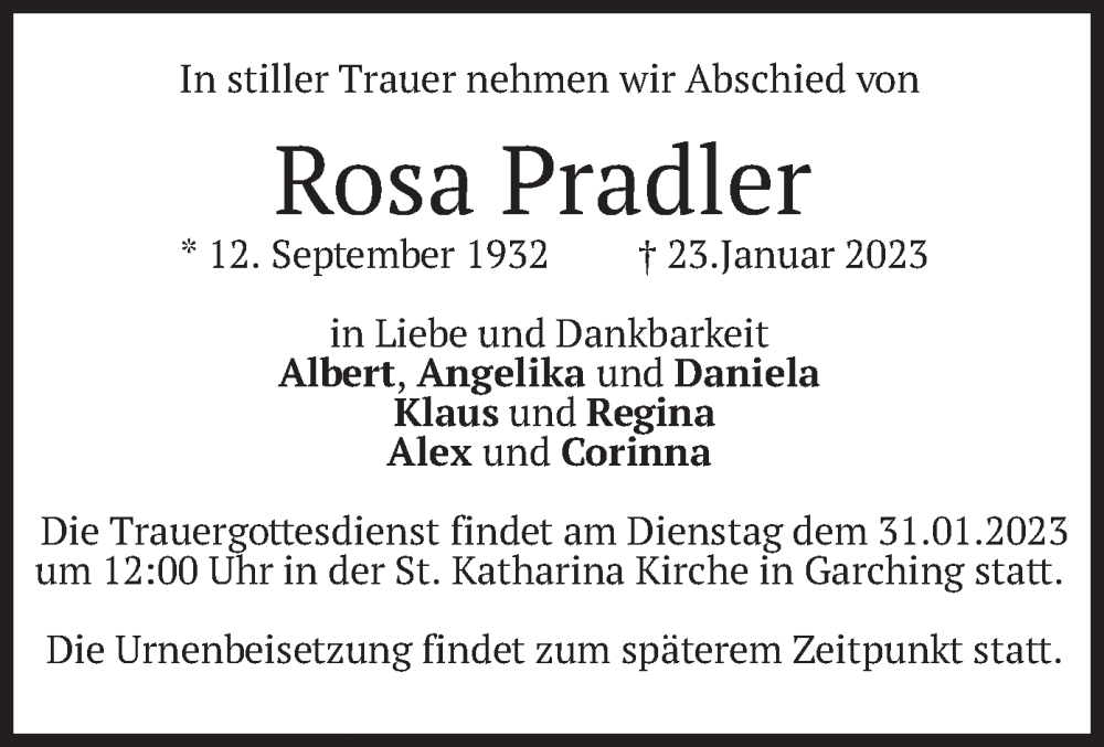  Traueranzeige für Rosa Pradler vom 28.01.2023 aus merkurtz
