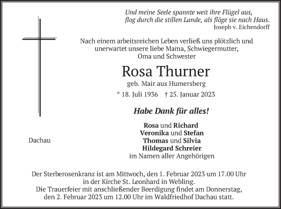 Traueranzeige von Rosa Thurner von merkurtz