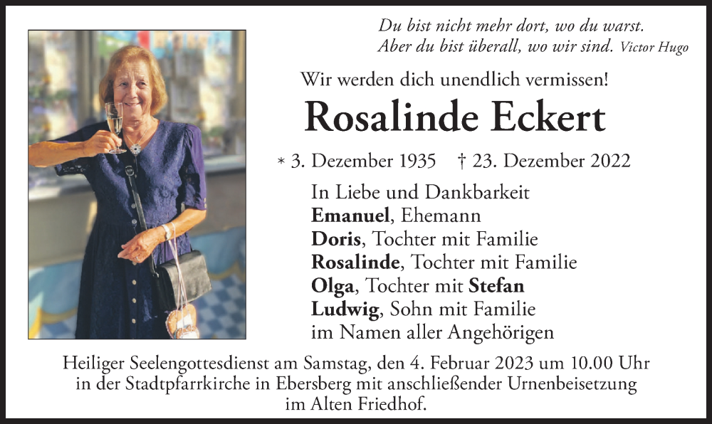  Traueranzeige für Rosalinde Eckert vom 28.01.2023 aus merkurtz