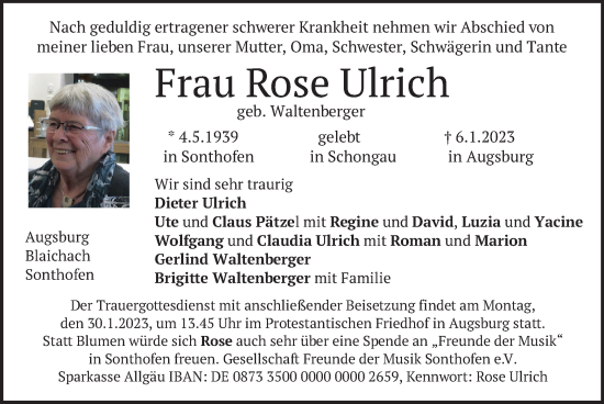 Traueranzeige von Rose Ulrich von merkurtz