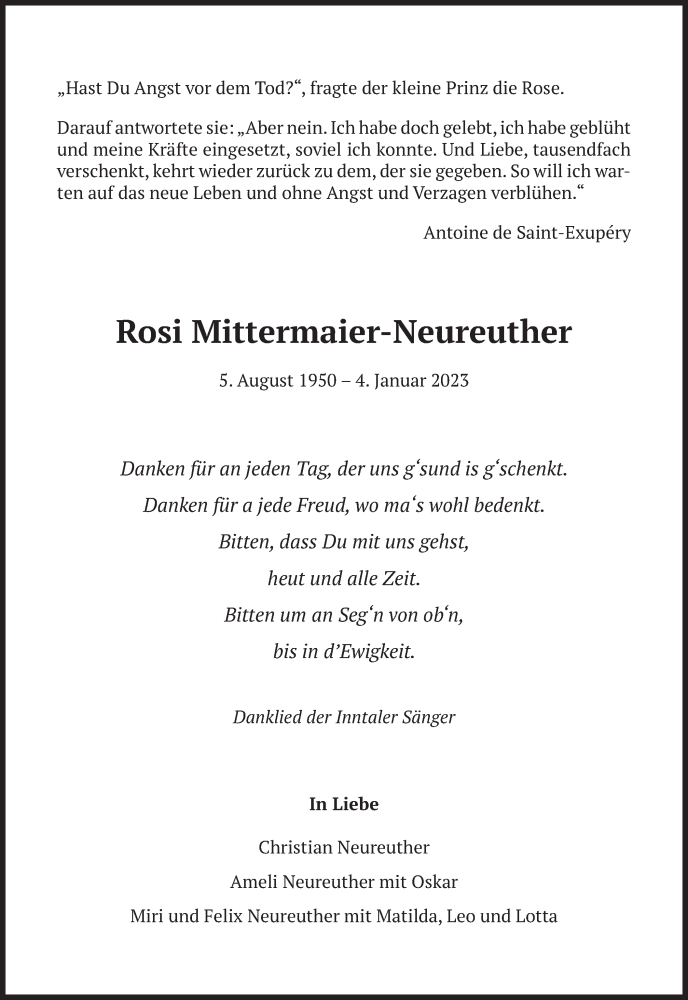  Traueranzeige für Rosi Mittermaier-Neureuther vom 12.01.2023 aus merkurtz