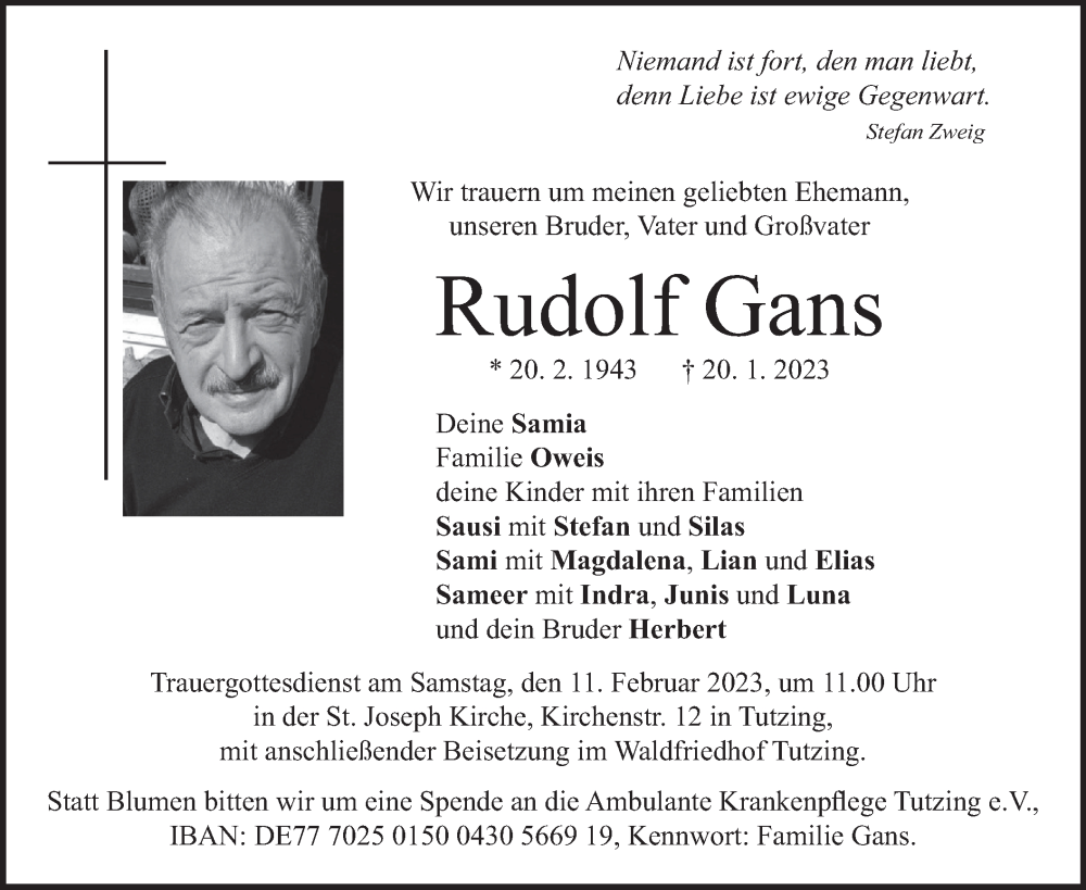  Traueranzeige für Rudolf Gans vom 28.01.2023 aus merkurtz