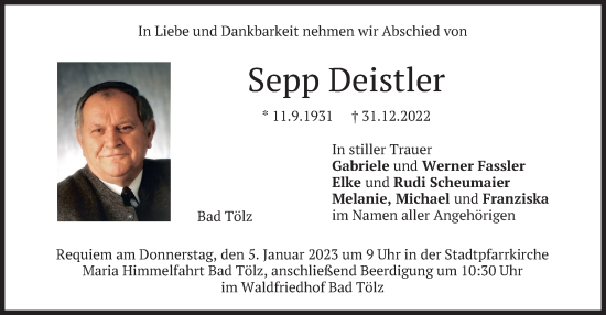 Traueranzeige von Sepp Deistler von merkurtz