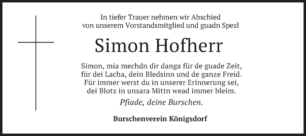  Traueranzeige für Simon Hofherr vom 17.01.2023 aus merkurtz