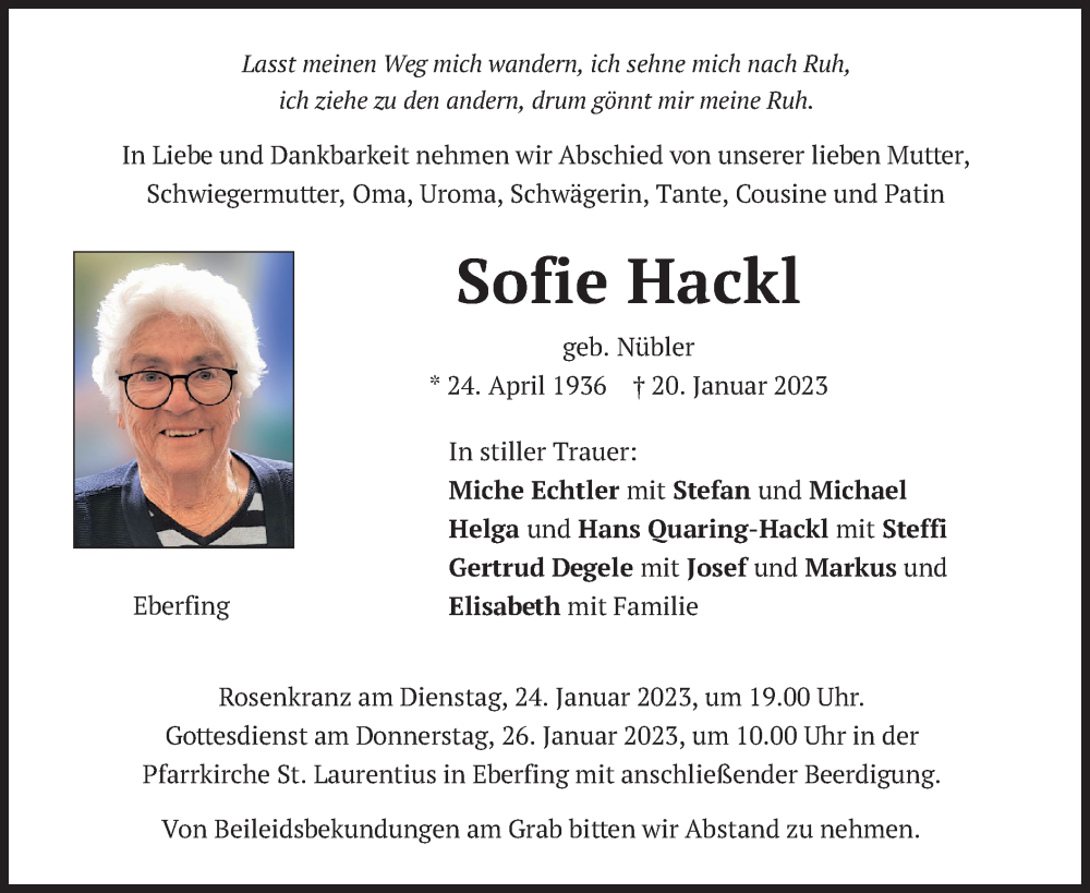  Traueranzeige für Sofie Hackl vom 23.01.2023 aus merkurtz