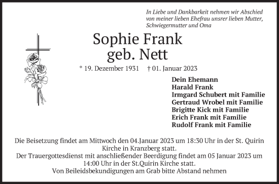 Traueranzeige von Sophie Frank von merkurtz