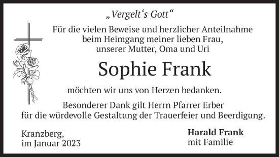 Traueranzeige von Sophie Frank von merkurtz