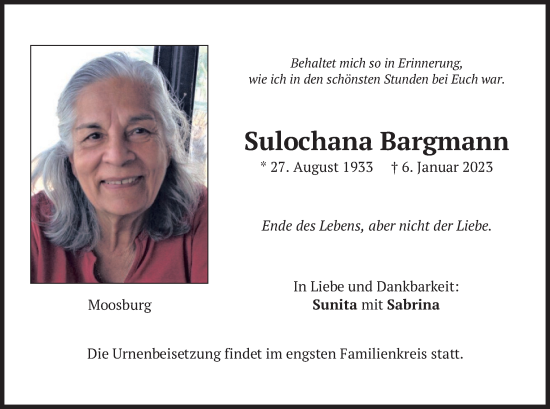 Traueranzeige von Sulochana Bargmann von merkurtz