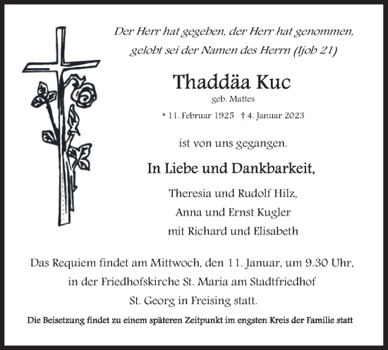 Traueranzeige von Thaddäa Kuc von merkurtz