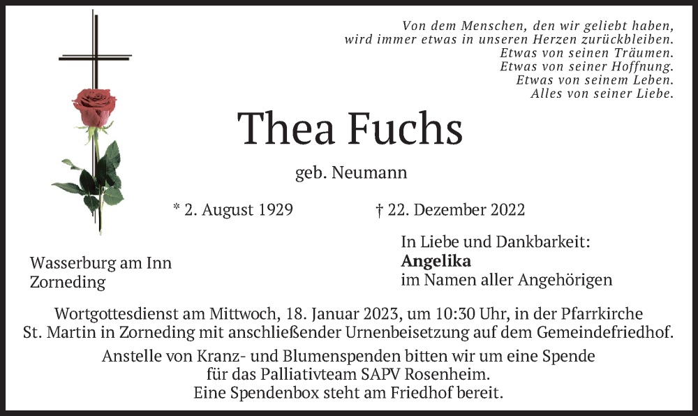  Traueranzeige für Thea Fuchs vom 07.01.2023 aus merkurtz