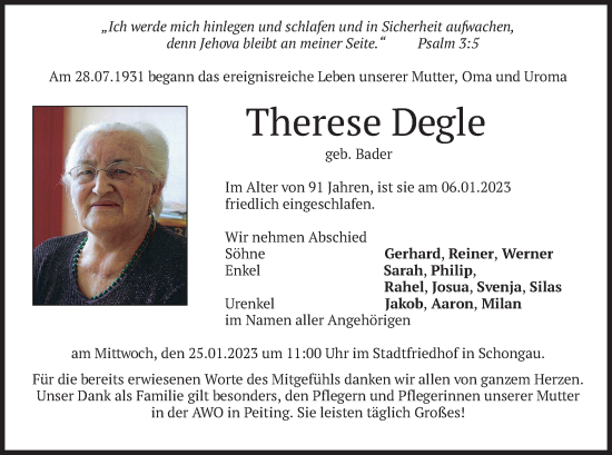 Traueranzeige von Therese Degle von merkurtz