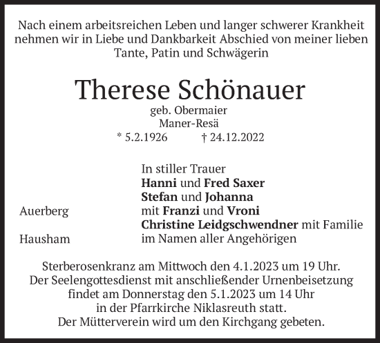 Traueranzeige von Therese Schönauer von merkurtz