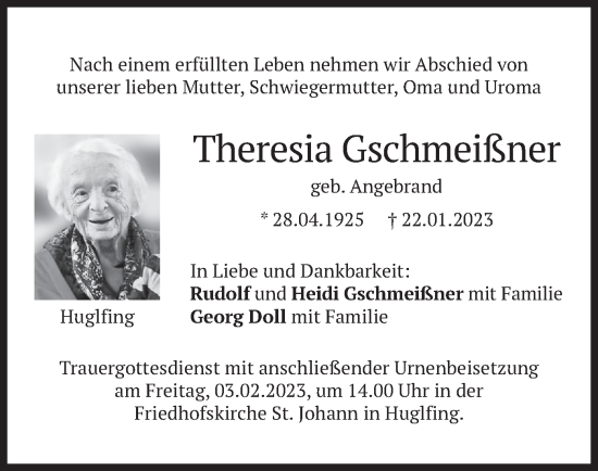 Traueranzeige von Theresia Gschmeißner von merkurtz