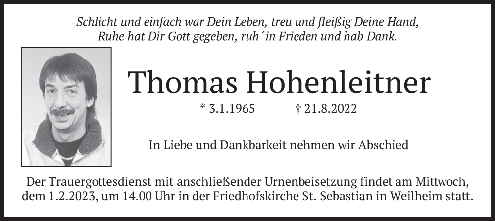  Traueranzeige für Thomas Hohenleitner vom 28.01.2023 aus merkurtz