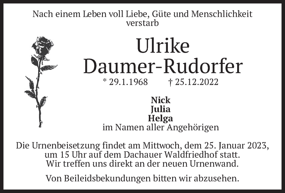  Traueranzeige für Ulrike Daumer-Rudorfer vom 07.01.2023 aus merkurtz