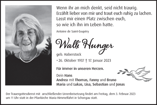 Traueranzeige von Walli Hunger von merkurtz