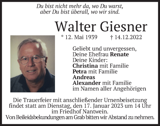 Traueranzeige von Walter Giesner von merkurtz