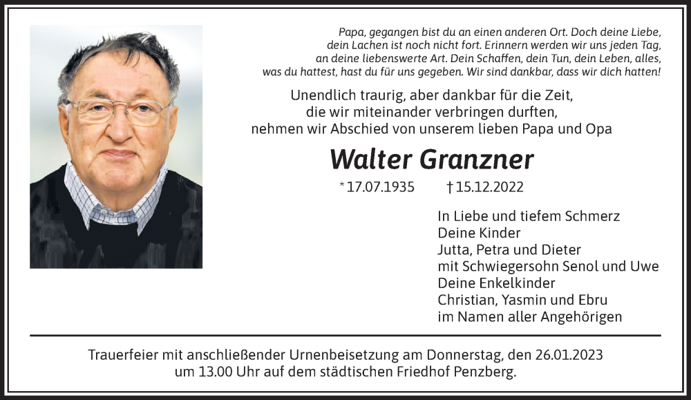  Traueranzeige für Walter Granzner vom 18.01.2023 aus Das Gelbe Blatt Penzberg