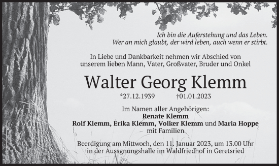 Traueranzeige von Walter Georg Klemm von merkurtz