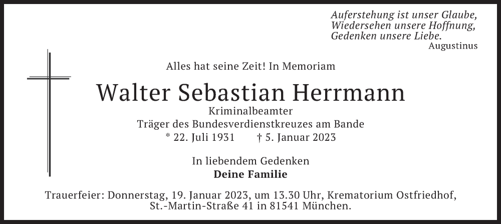  Traueranzeige für Walter Sebastian Herrmann vom 14.01.2023 aus merkurtz