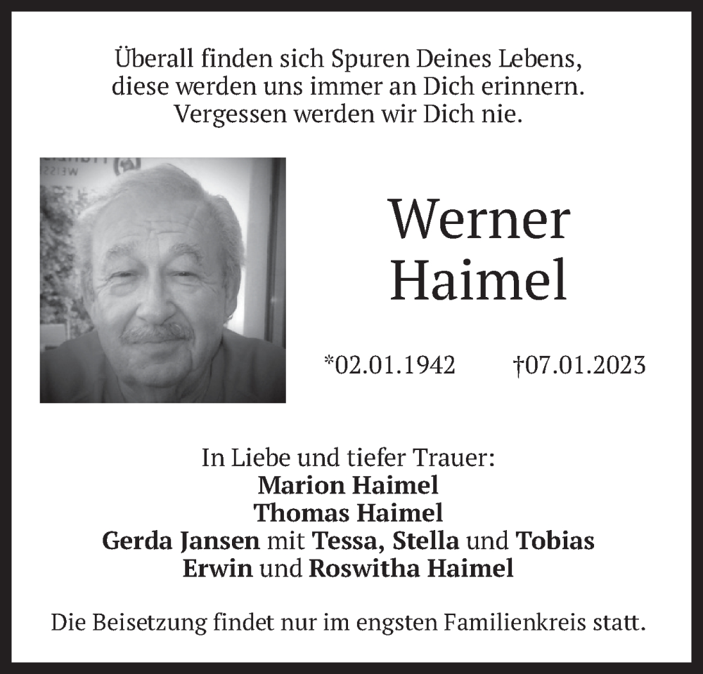  Traueranzeige für Werner Haimel vom 14.01.2023 aus merkurtz