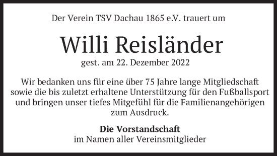 Traueranzeige von Willi Reisländer von merkurtz