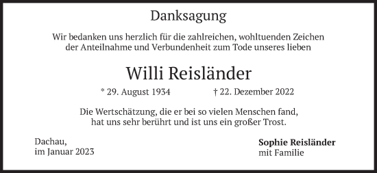 Traueranzeige von Willi Reisländer von merkurtz