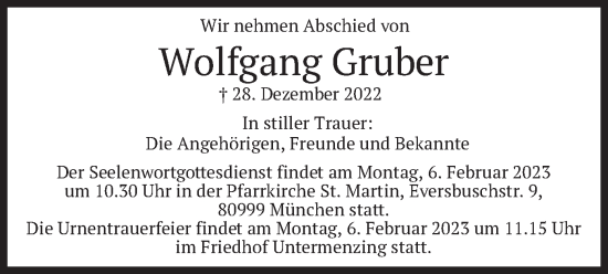Traueranzeige von Wolfgang Gruber von merkurtz