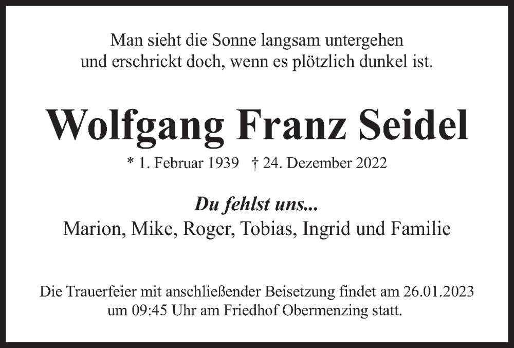  Traueranzeige für Wolfgang Franz Seidel vom 21.01.2023 aus merkurtz