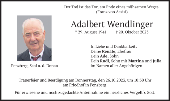 Traueranzeige von Adalbert Wendlinger von merkurtz