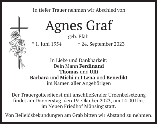 Traueranzeige von Agnes Graf von merkurtz
