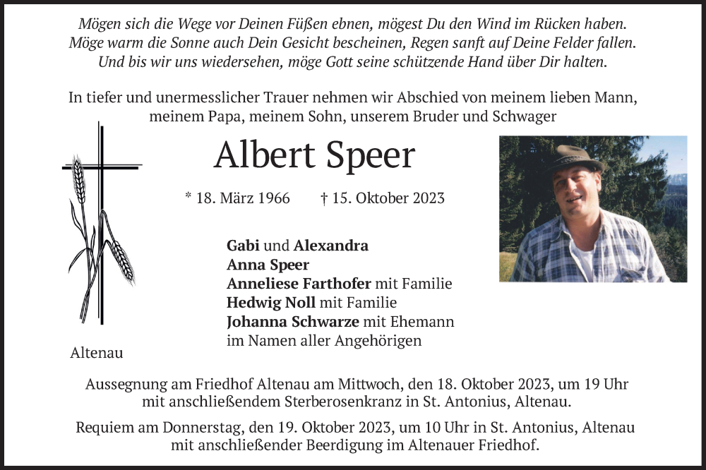  Traueranzeige für Albert Speer vom 17.10.2023 aus merkurtz
