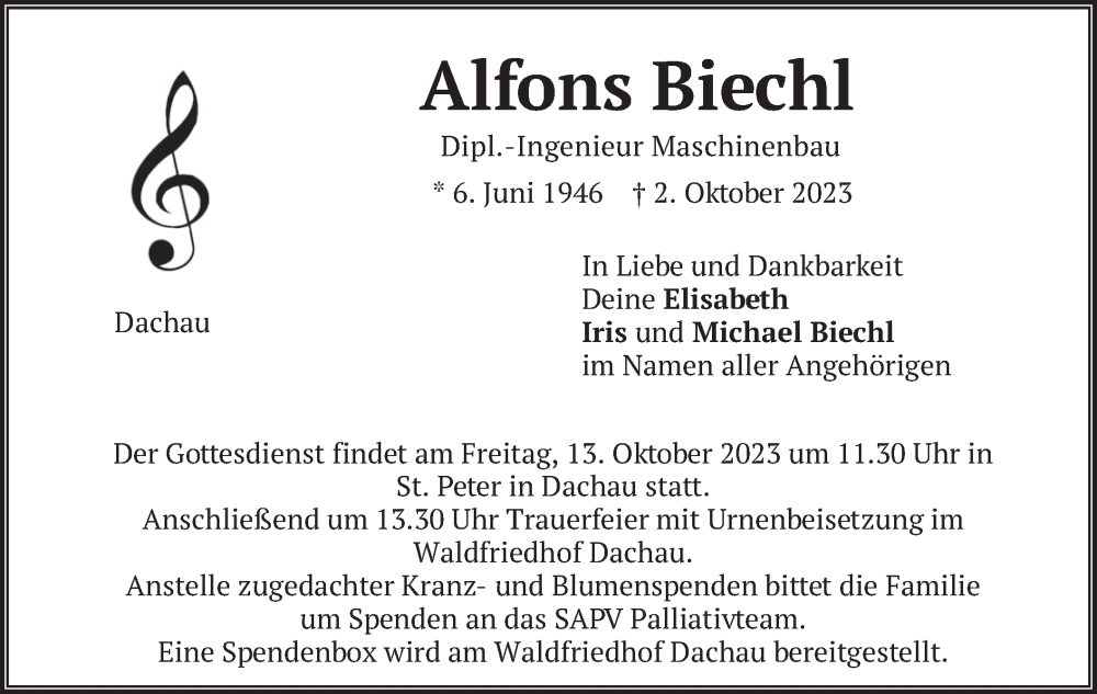  Traueranzeige für Alfons Biechl vom 07.10.2023 aus merkurtz