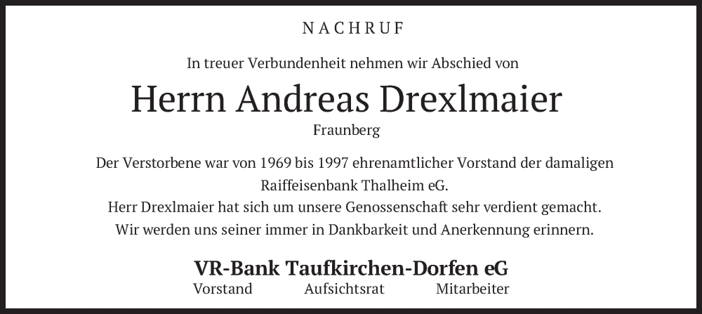  Traueranzeige für Andreas Drexlmaier vom 27.10.2023 aus merkurtz