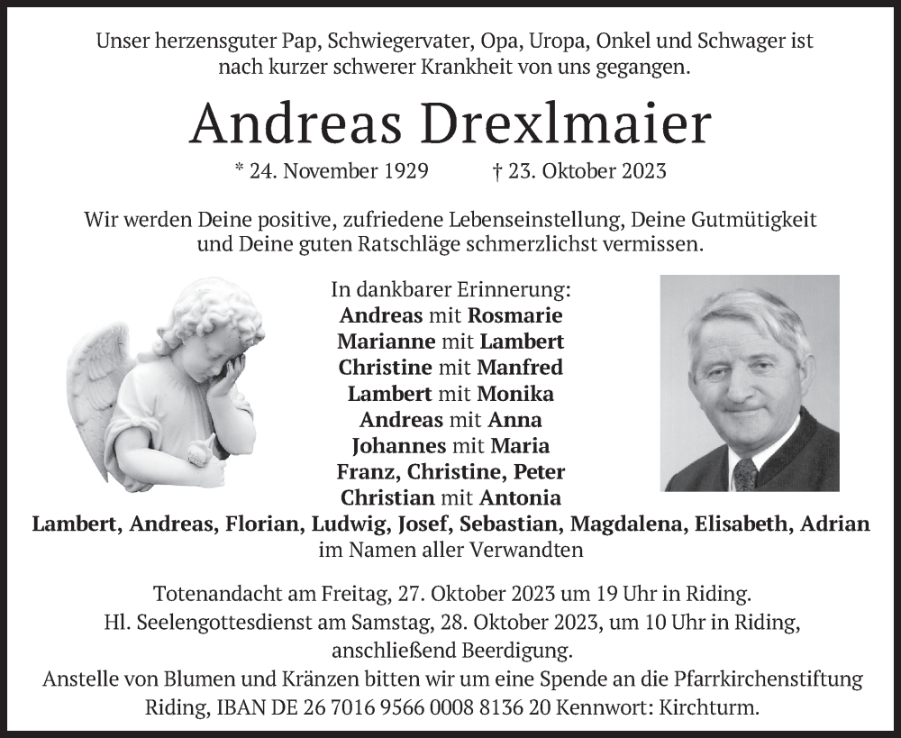  Traueranzeige für Andreas Drexlmaier vom 26.10.2023 aus merkurtz