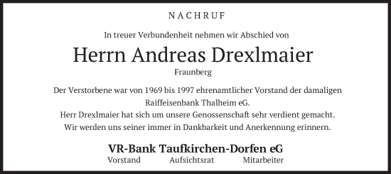 Traueranzeige von Andreas Drexlmaier von merkurtz