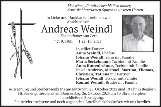 Traueranzeige von Andreas Weindl von merkurtz