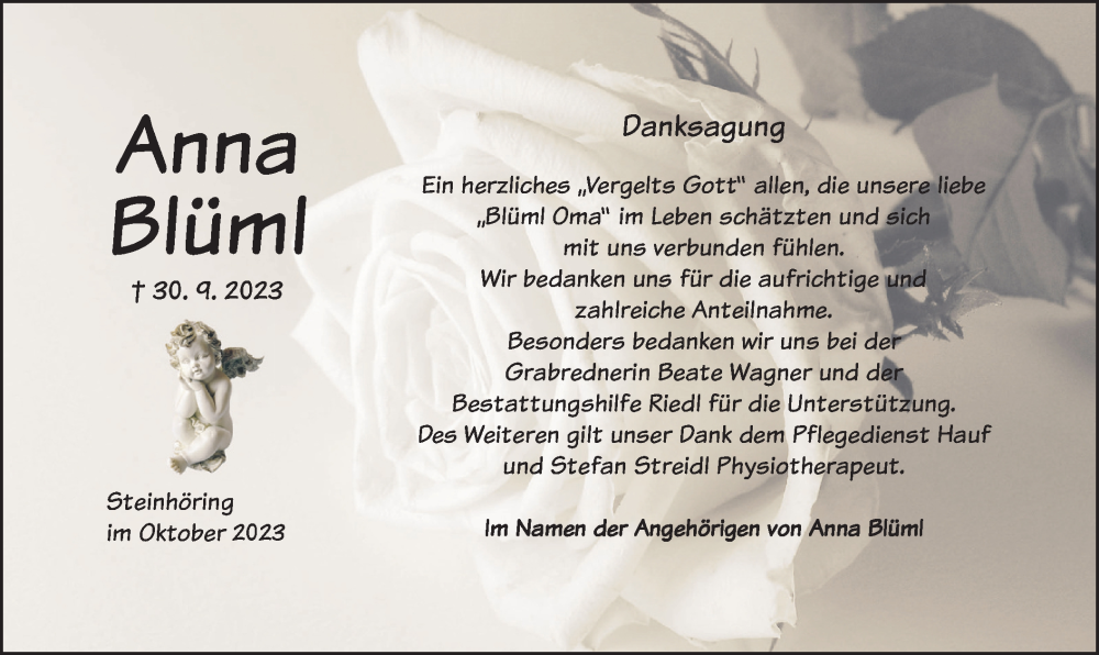  Traueranzeige für Anna Blüml vom 28.10.2023 aus merkurtz