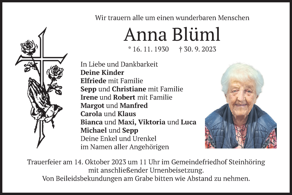  Traueranzeige für Anna Blüml vom 11.10.2023 aus merkurtz