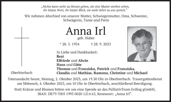 Traueranzeige von Anna Irl von merkurtz