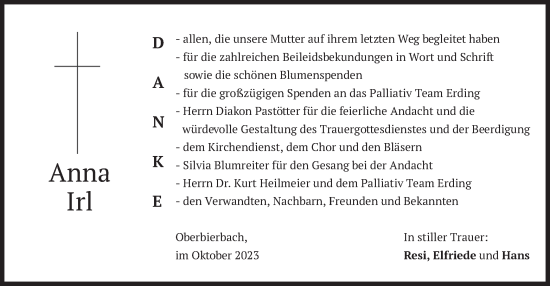 Traueranzeige von Anna Irl von merkurtz