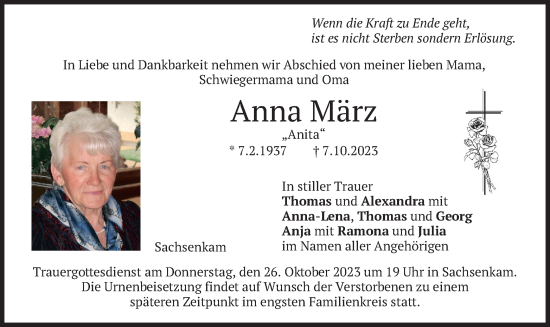 Traueranzeige von Anna März von merkurtz
