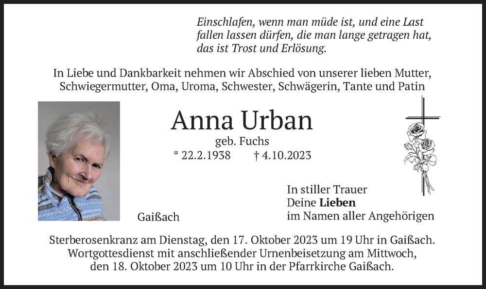  Traueranzeige für Anna Urban vom 14.10.2023 aus merkurtz