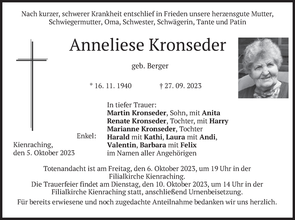  Traueranzeige für Anneliese Kronseder vom 05.10.2023 aus merkurtz