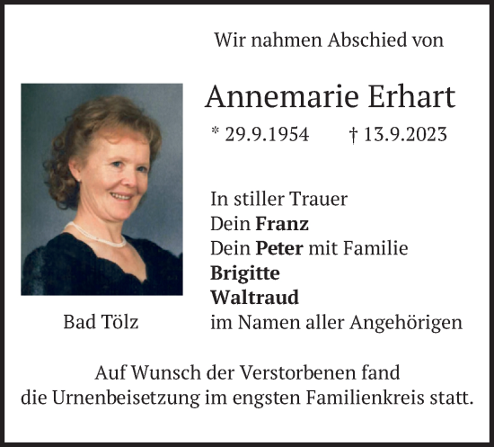 Traueranzeige von Annemarie Erhart von merkurtz