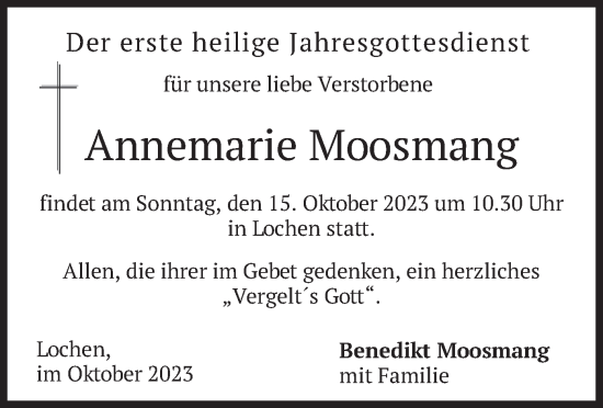 Traueranzeige von Annemarie Moosmang von merkurtz