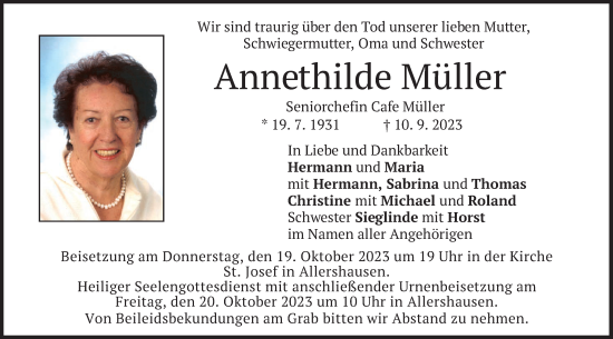 Traueranzeige von Annethilde Müller von merkurtz