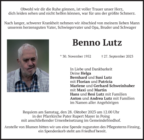 Traueranzeige von Benno Lutz von merkurtz