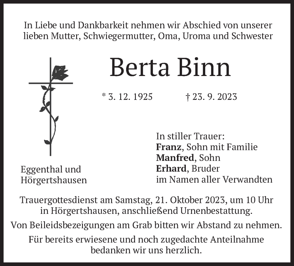  Traueranzeige für Berta Binn vom 18.10.2023 aus merkurtz