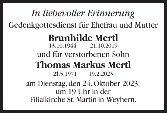 Traueranzeige von Brunhilde und Thomas Markus Mertl von merkurtz